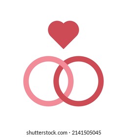 Two wedding rings and heart vector icon
