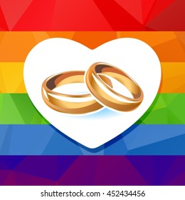 Two wedding rings isolated on white background. Gay rainbow flag. LGBT family symbol. Gay family symbol. Design element for gay wedding invitation card.