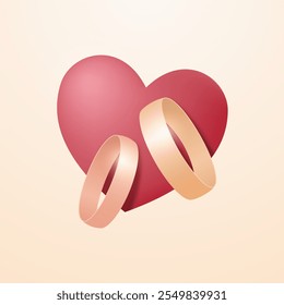 Two wedding rings on the background of the heart. Vector illustration.