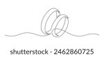 Two wedding rings in one continuous line drawing. Love and romantic concept and symbol proposal engagement for invitation in simple linear style. Editable stroke. Doodle vector illustration