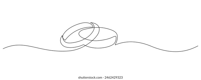 Two wedding rings in one continuous line drawing. Love and romantic concept and symbol of proposal engagement for invitation in simple linear style. Editable stroke. Outline vector illustration