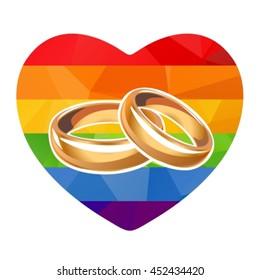 Two wedding rings and rainbow heart isolated on white background. Gay wedding symbol. LGBT wedding symbol. Design element for wedding invitations card.