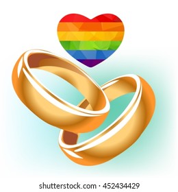 Two wedding rings and rainbow heart isolated on white background. Gay wedding symbol. LGBT wedding symbol. Design element for wedding invitations card.