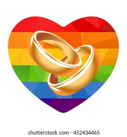 Two wedding rings with rainbow heartisolated on white background. Gay family symbol. Design element for invitation on gay wedding. LGBT couple symbol