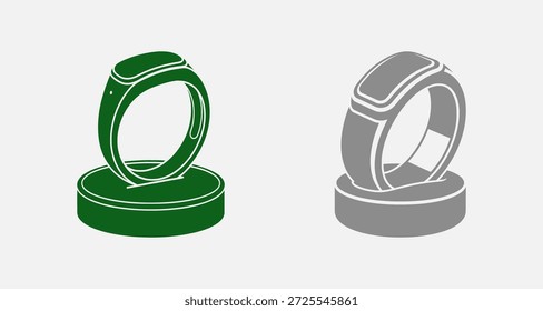Dos anillos de boda de pie sobre bases circulares, uno verde y otro gris, con un simple contorno blanco.