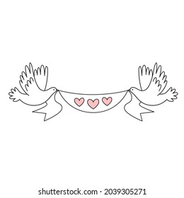 Two wedding white doves are holding a ribbon with hearts. Wedding decorations. Vector illustration