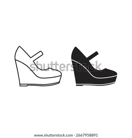 Two wedge heel shoes, one in black and one in outline, are displayed side-by-side.