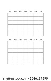 Dois calendários semanais são exibidos, um começa no domingo e o outro na segunda-feira. Ambos os calendários têm grades em branco para planejamento ou agendamento