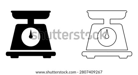 Two weighing scale icons in black and white with dial and plate isolated on transparent background