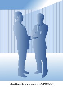 Two well dressed business men standing talking, one gesticulates and one with arms crossed.