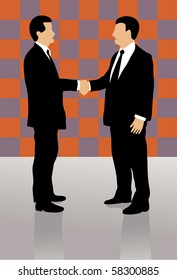 Two well dressed business men shaking hands and greeting each other, on colorful checkerboard background.