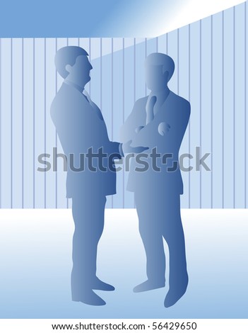 Two well dressed business men standing talking, one gesticulates and one with arms crossed.