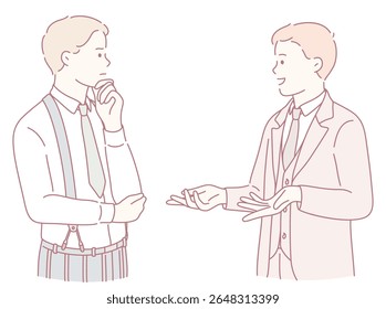 Two welldressed men engage in a lively conversation showcasing their strong communication and connection skills