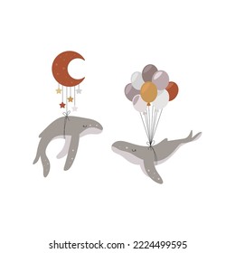 Two Whales Floating by Balloons or Hanging from the Moon