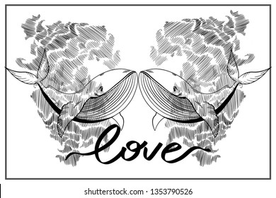 Two whales kiss at each other. In the background, the radiation of water ripples resembles a wave. Below the inscription Love.