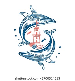 Two whales and a lighthouse with fish and shells. Hand drawn vector line art illustration in blue for posters and banners. Perfect for a travel postcard.