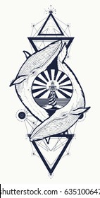 Two whales and lighthouse tattoo geometric style. Adventure, travel, outdoors, meditation symbol. Whales tattoo for hipsters, travelers 