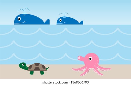 Two whales live in the sea and turtles and octopus are on the beach.Summer sea concept. vector, illustration
