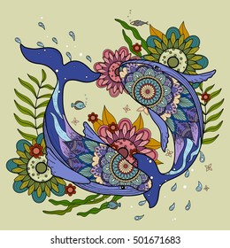 two whales playing with each other in ocean, olive green background