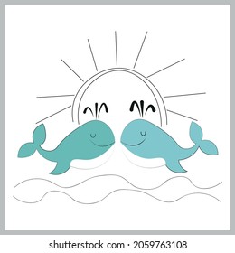 two whales. postcard. vector illustration. 