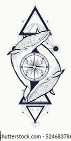 Two whales and rose compass tattoo geometric style. Adventure, travel, outdoors, meditation symbol t-shirt design, boho style. 