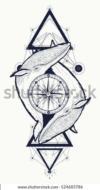 Two Whales Rose Compass Tattoo Geometric Stock Vector Royalty