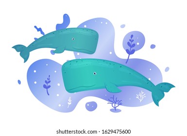 Two whales in the sea. Ocean fish. Underwater marine wild life. Vector illustration.