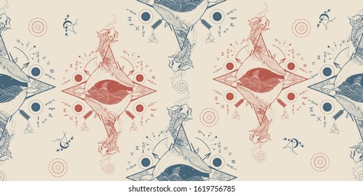 Two whales in sea, seamless pattern. Travel, adventure, outdoors symbol. Packing old paper, scrapbooking style. Vintage background. Medieval manuscript, engraving art