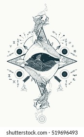 Two whales in sea wind rose compass mystical tattoo vector. Japanese carp in water. Travel, adventure, outdoors symbol. Storm at sea marine 