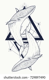 Duas baleias tatuagem estilo geométrico. Símbolo místico de aventura, sonhos. Criativa geométrica tatuagem arte t-shirt impressão design poster têxtil. Ao ar livre símbolo baleia marinha