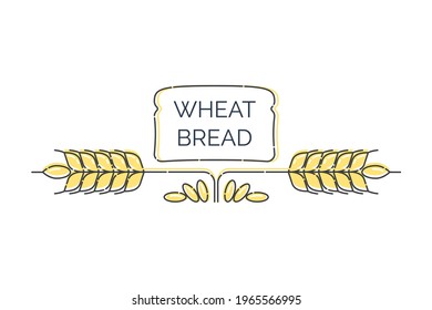 Two wheat spikes with scattered grains and over them loaf bread. Line whole grain symbol illustration for organic eco business, agriculture, bakery. Food logo on white background. Natural product.
