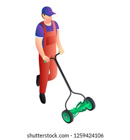 Two wheel lawnmower icon. Isometric of two wheel lawnmower vector icon for web design isolated on white background