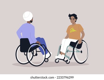 Two wheelchair users casually chatting, daily routine