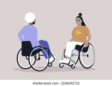 Two wheelchair users casually chatting, daily routine