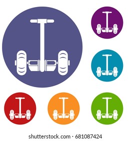 Two wheeled battery powered electric vehicle icons set in flat circle red, blue and green color for web