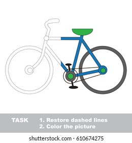 Two wheeled bicycle. Dot to dot educational game for kids, task is to trace and color the colorless half.