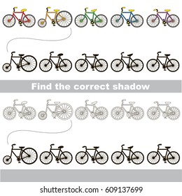 Two wheeled Bicycles set to find the correct shadow, the matching educational kid game to compare and connect objects and their true shadows, simple gaming level for preschool kids.