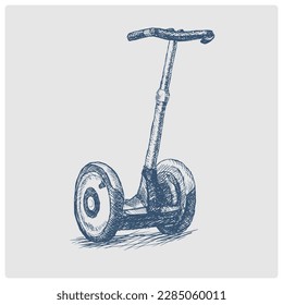 Two wheeled scooter electric vehicle sketch obsolete blue style vector illustration. Old hand drawn azure engraving imitation.