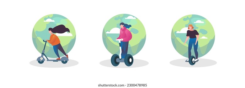 Two wheeled and single wheeled eco transport. Cartoon girls riding scooters and unicycle against backdrop of planet. Vector flat illustrations set on white background