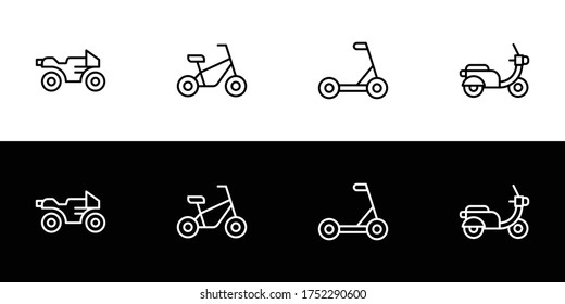 Juego de iconos de dos vehículos de ruedas. Colección de iconos de diseño plano aislada en fondo blanco y negro. Motociclismo, ciclismo, ciclomotor y motocicleta clásica.