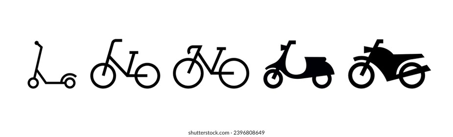 Two wheeled vehicles icons. Kick scooter, bicycles, motorcycles.