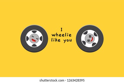 two wheels on yellow background. Valentine's pun illustration
