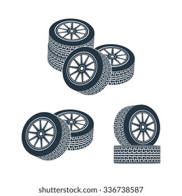 Two wheels with tires and wheels. Vector illustration.