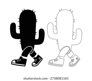 Two whimsical cactus characters walk side by side in a playful illustration