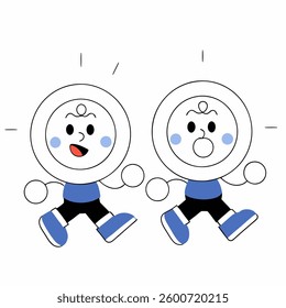 Two whimsical, cartoon-style characters are featured, each with a distinctive round face design and minimalist features. They are dressed in blue tops and black bottoms,