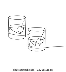 Two whiskey glasses on the rocks line continuous drawing. Bourbon, scotch, brandy hard drink icon. Hand drawn linear vector illustration. Print, banner, card,  art poster, sign. Bar, pub, shop logo.