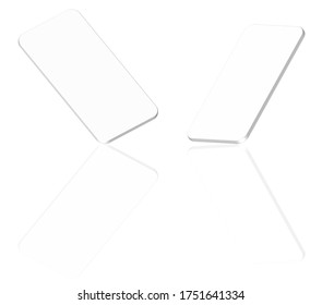 Two white 3d smartphone projection mockups. White background, mirror shadow.