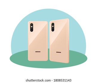 diseño de dos smartphones 3d blancos, tema de teléfono móvil digital y de teléfono, ilustración de vector