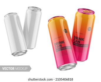 Two white aluminum drink cans with glossy finish. 500 ml. Photo-realistic packaging mockup template. Contains an accurate mesh to wrap your artwork with the correct envelope distortion