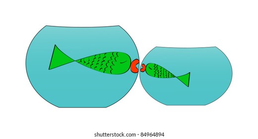 Two white aquariums with small and big green fish kissing each other
